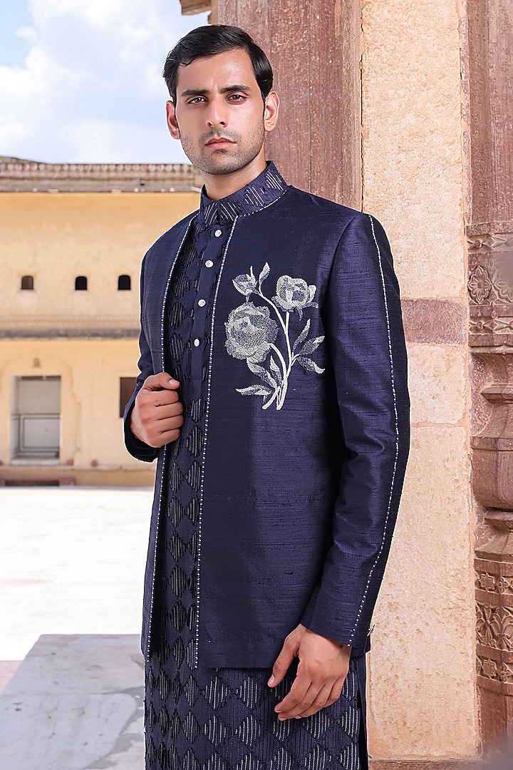 Navy Blue Dupion & Katan Silk Wedding Indowestern Set by Abkasa at Pernia's Pop Up Shop