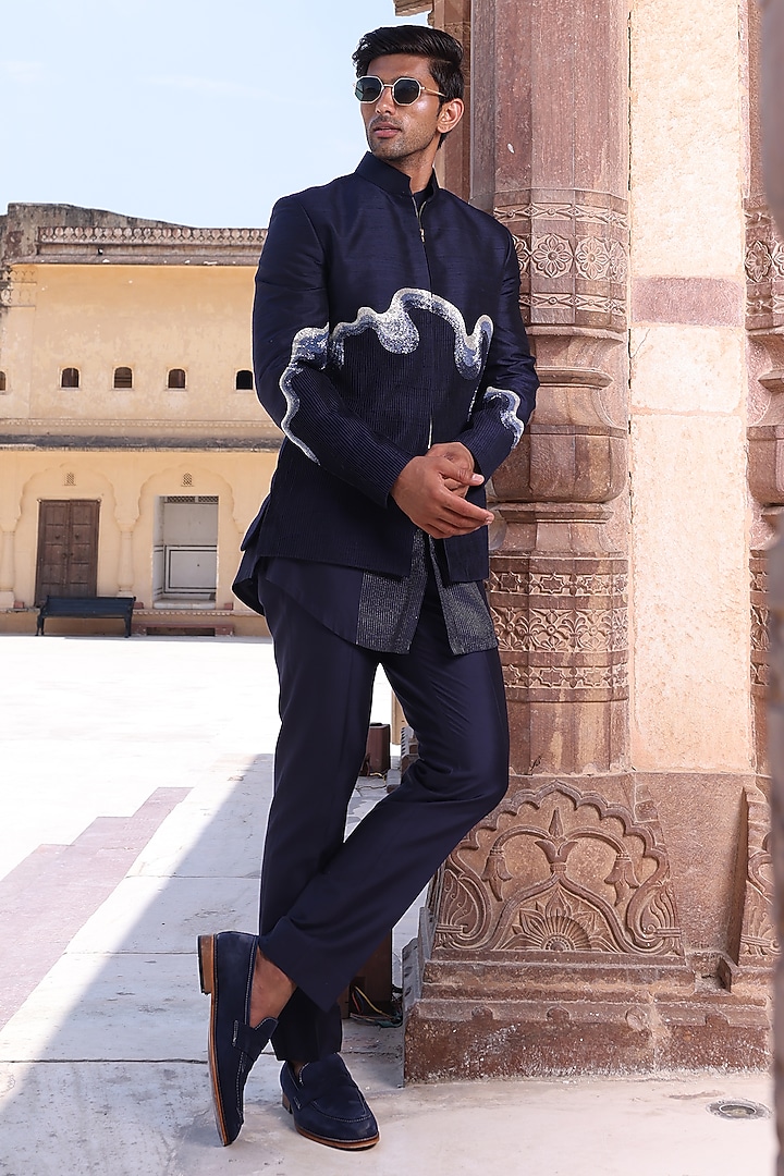 Navy Blue Pure Silk & Katan Silk Wedding Indowestern Set by Abkasa at Pernia's Pop Up Shop