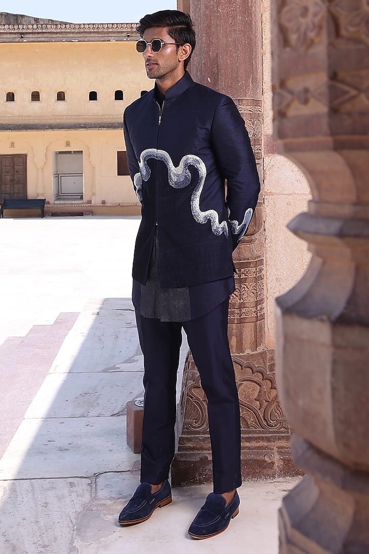 Navy Blue Pure Silk & Katan Silk Wedding Indowestern Set by Abkasa at Pernia's Pop Up Shop