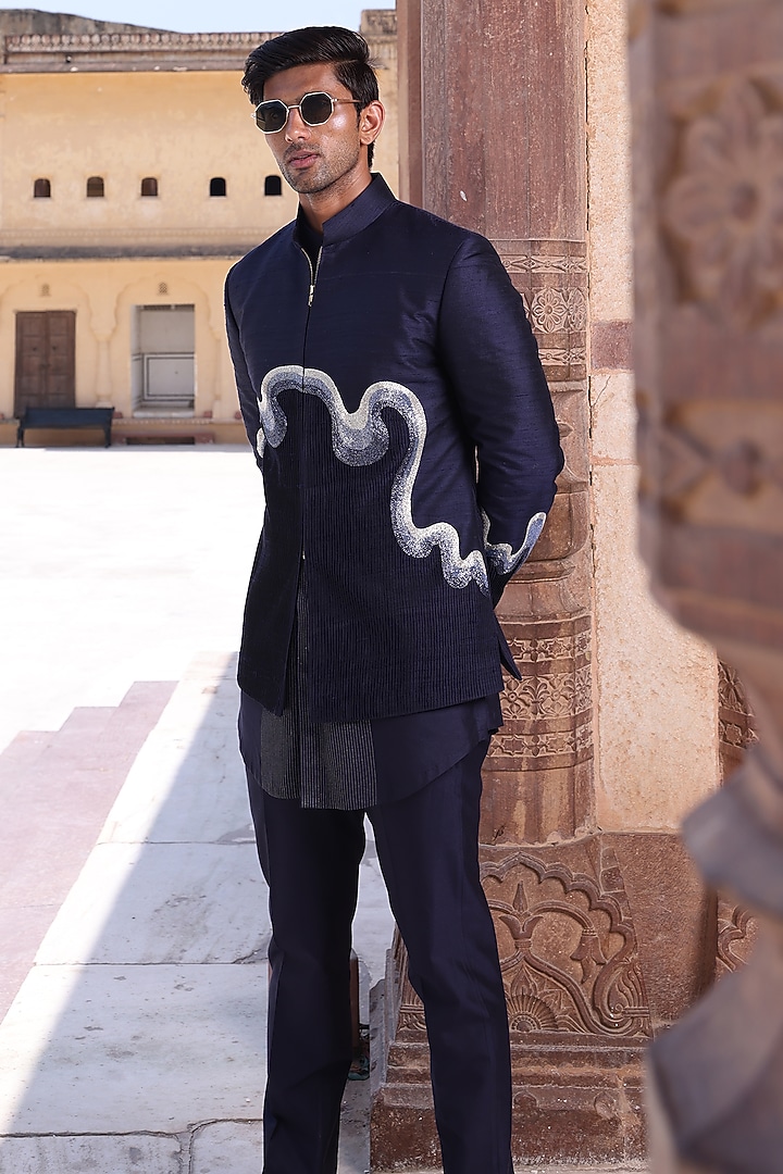 Navy Blue Pure Silk & Katan Silk Wedding Indowestern Set by Abkasa at Pernia's Pop Up Shop