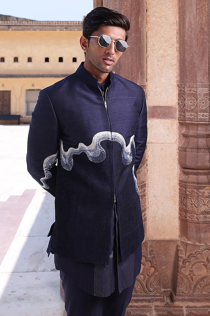 Navy Blue Pure Silk & Katan Silk Wedding Indowestern Set by Abkasa at Pernia's Pop Up Shop