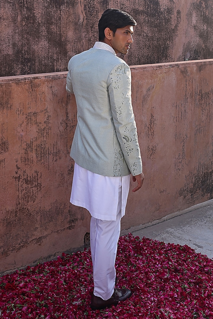 Pista Green Pure Silk & Katan Silk Groom Bandhgala Set by Abkasa at Pernia's Pop Up Shop