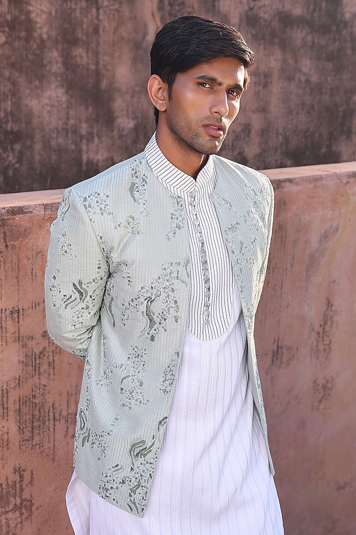 Pista Green Pure Silk & Katan Silk Groom Bandhgala Set by Abkasa at Pernia's Pop Up Shop