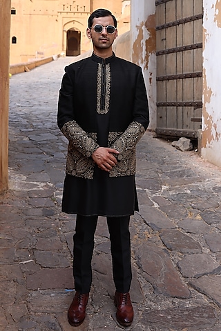 Black Pure Silk & Katan Silk Indowestern Set by Abkasa