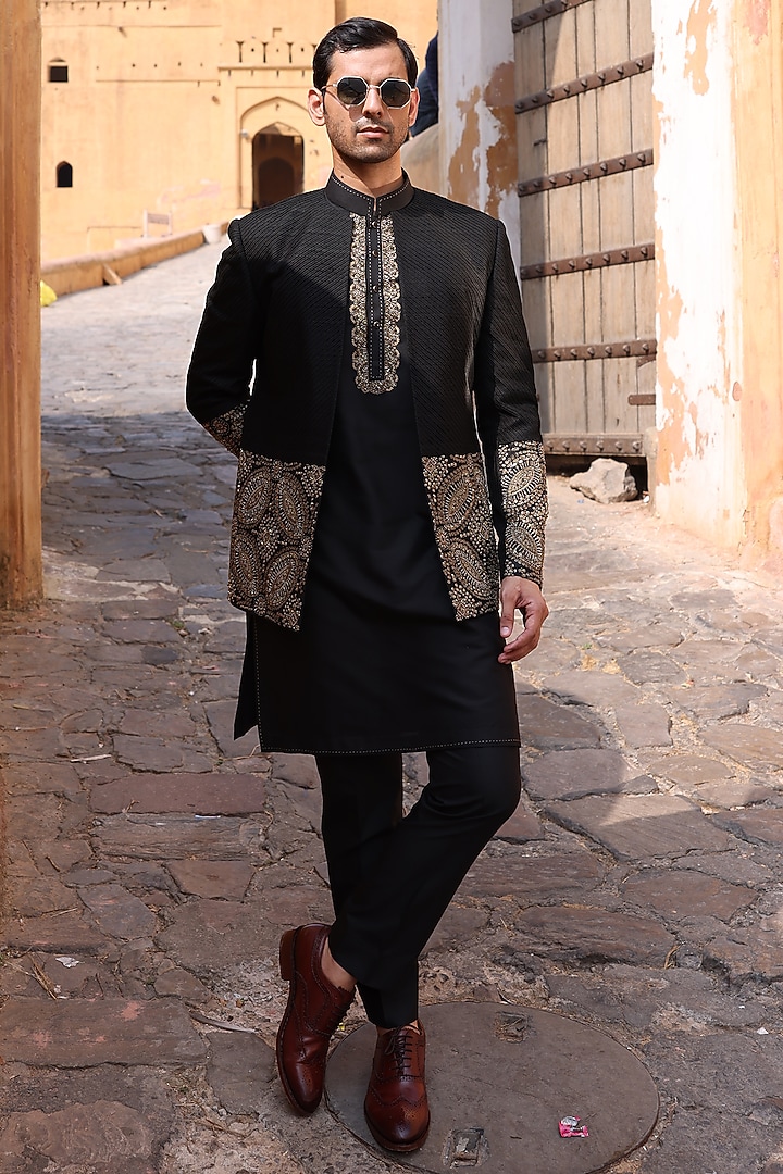 Black Pure Silk & Katan Silk Wedding Indowestern Set by Abkasa at Pernia's Pop Up Shop