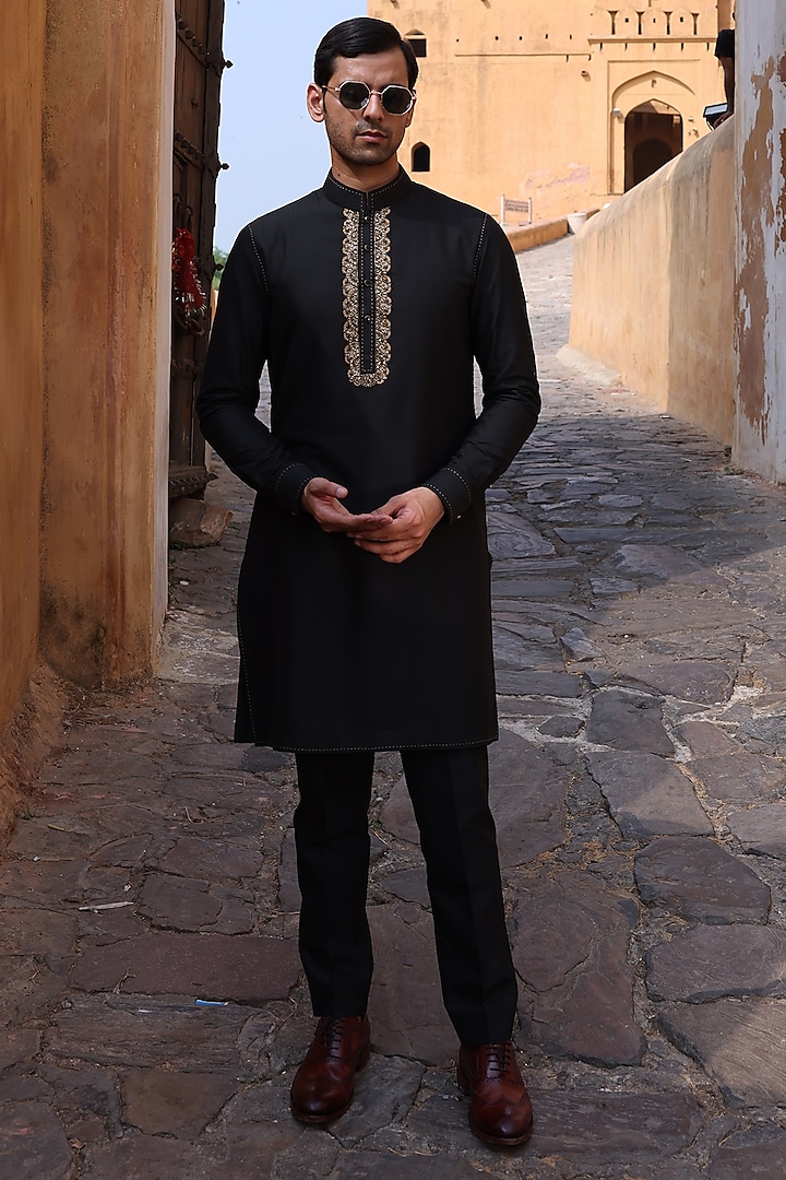Black Pure Silk & Katan Silk Wedding Indowestern Set by Abkasa at Pernia's Pop Up Shop
