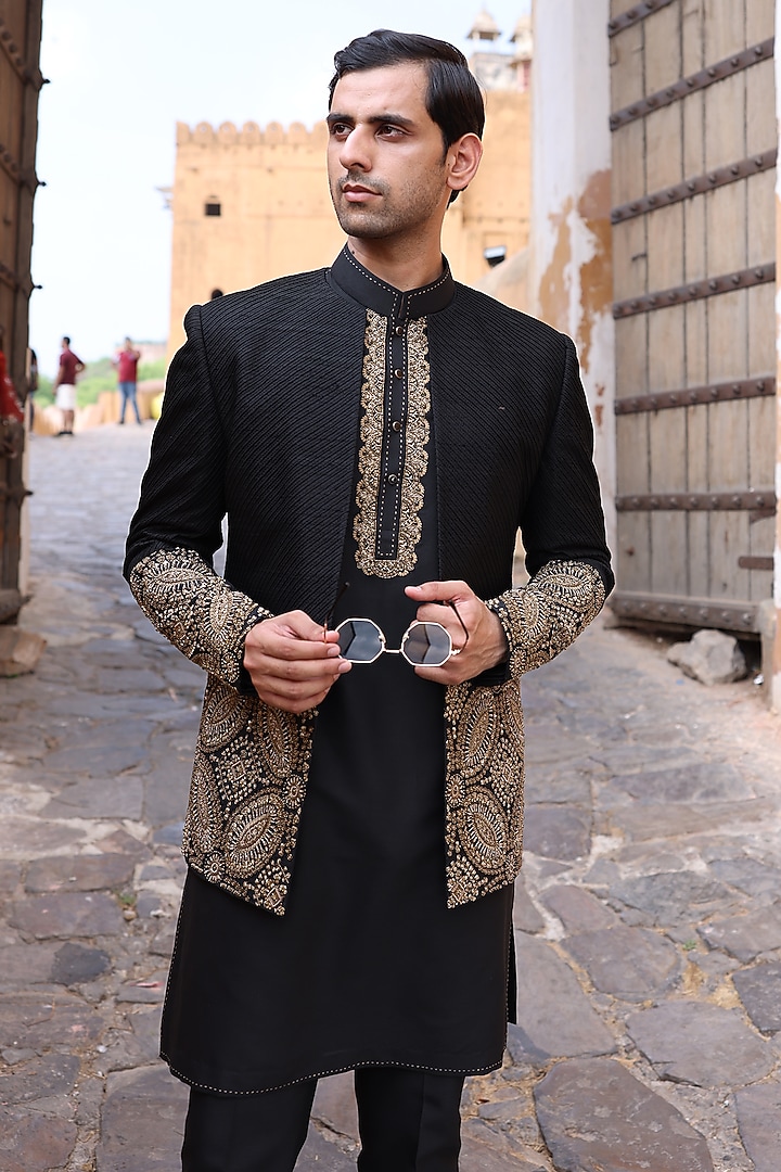 Black Pure Silk & Katan Silk Wedding Indowestern Set by Abkasa at Pernia's Pop Up Shop
