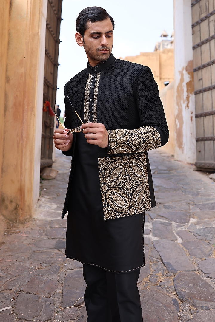 Black Pure Silk & Katan Silk Wedding Indowestern Set by Abkasa at Pernia's Pop Up Shop