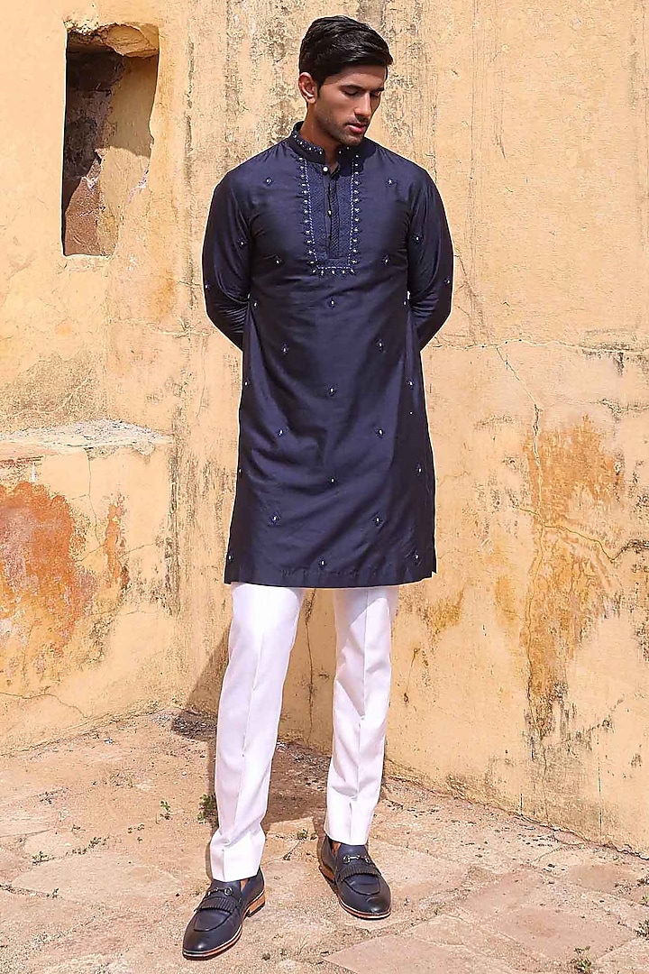 Navy Blue Katan Silk Kurta Set by Abkasa at Pernia's Pop Up Shop