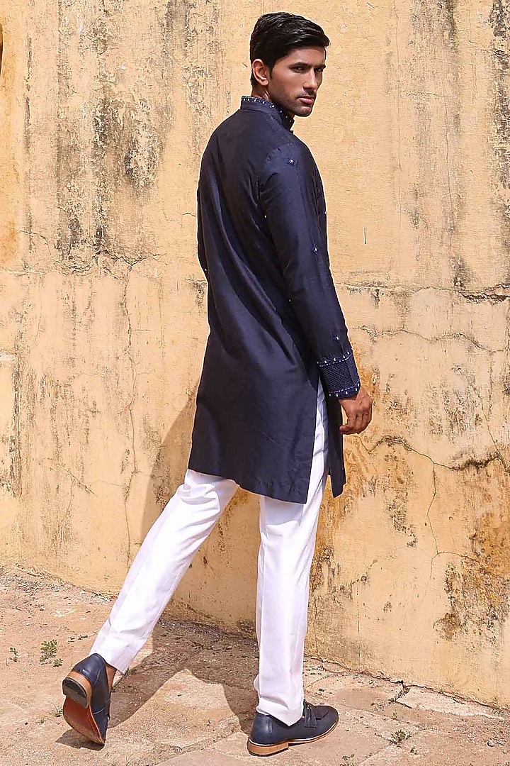 Navy Blue Katan Silk Kurta Set by Abkasa at Pernia's Pop Up Shop