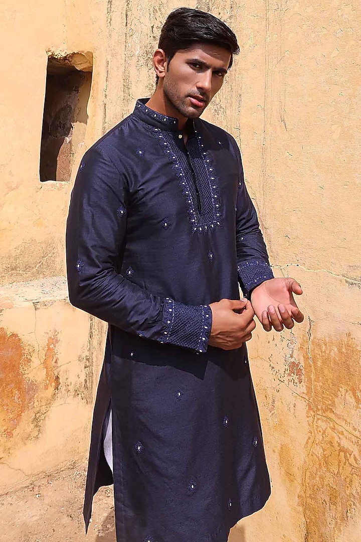 Navy Blue Katan Silk Kurta Set by Abkasa at Pernia's Pop Up Shop