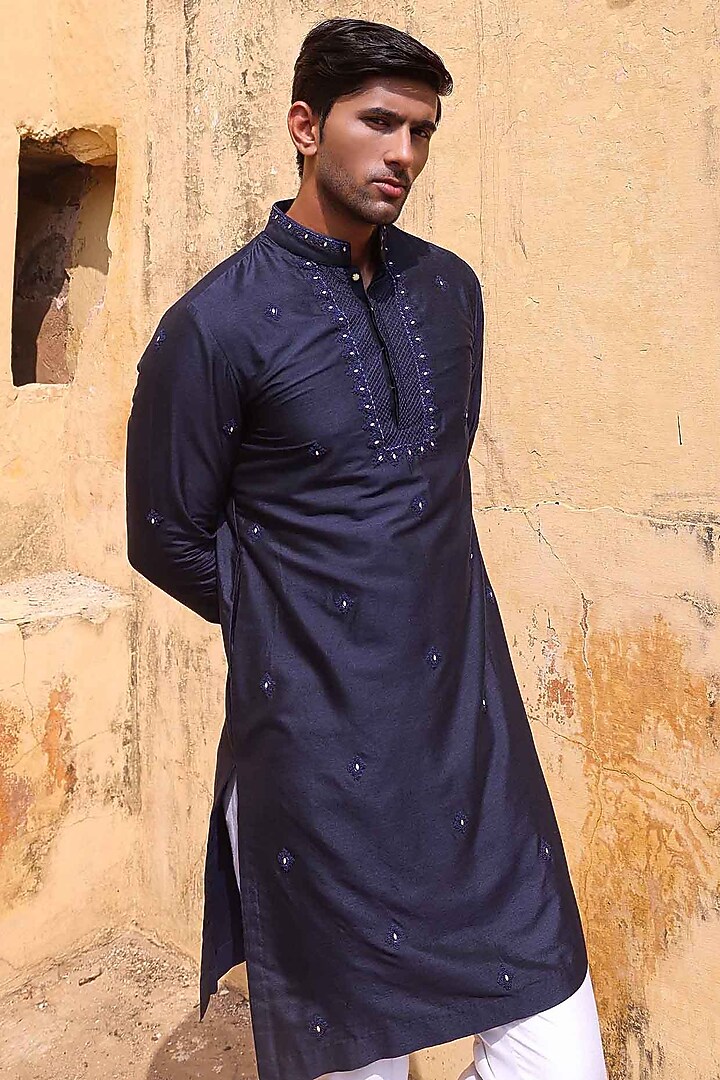 Navy Blue Katan Silk Kurta Set by Abkasa at Pernia's Pop Up Shop