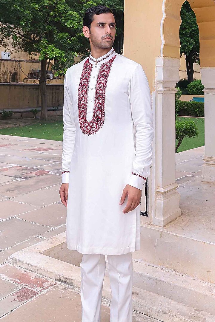 White Modal Satin Kurta Set by Abkasa at Pernia's Pop Up Shop