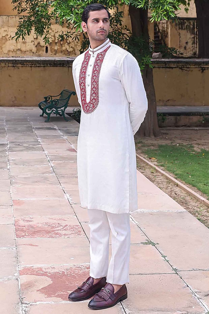 White Modal Satin Kurta Set by Abkasa at Pernia's Pop Up Shop