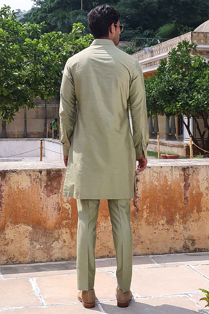 Olive Green Silk Woven Kurta Set by Abkasa at Pernia's Pop Up Shop
