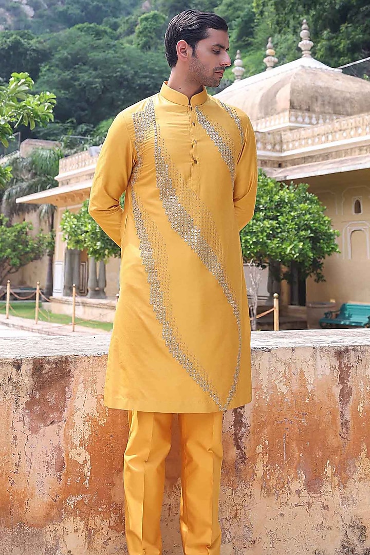 Yellow Silk Woven Kurta Set by Abkasa