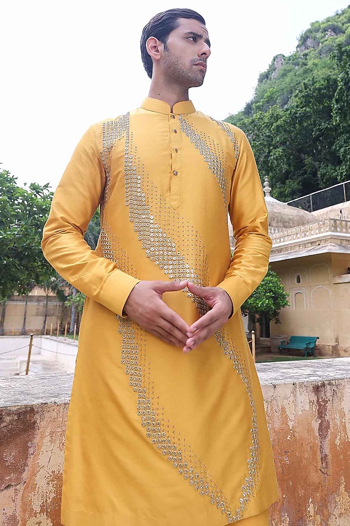 Yellow Silk Woven Kurta Set by Abkasa at Pernia's Pop Up Shop