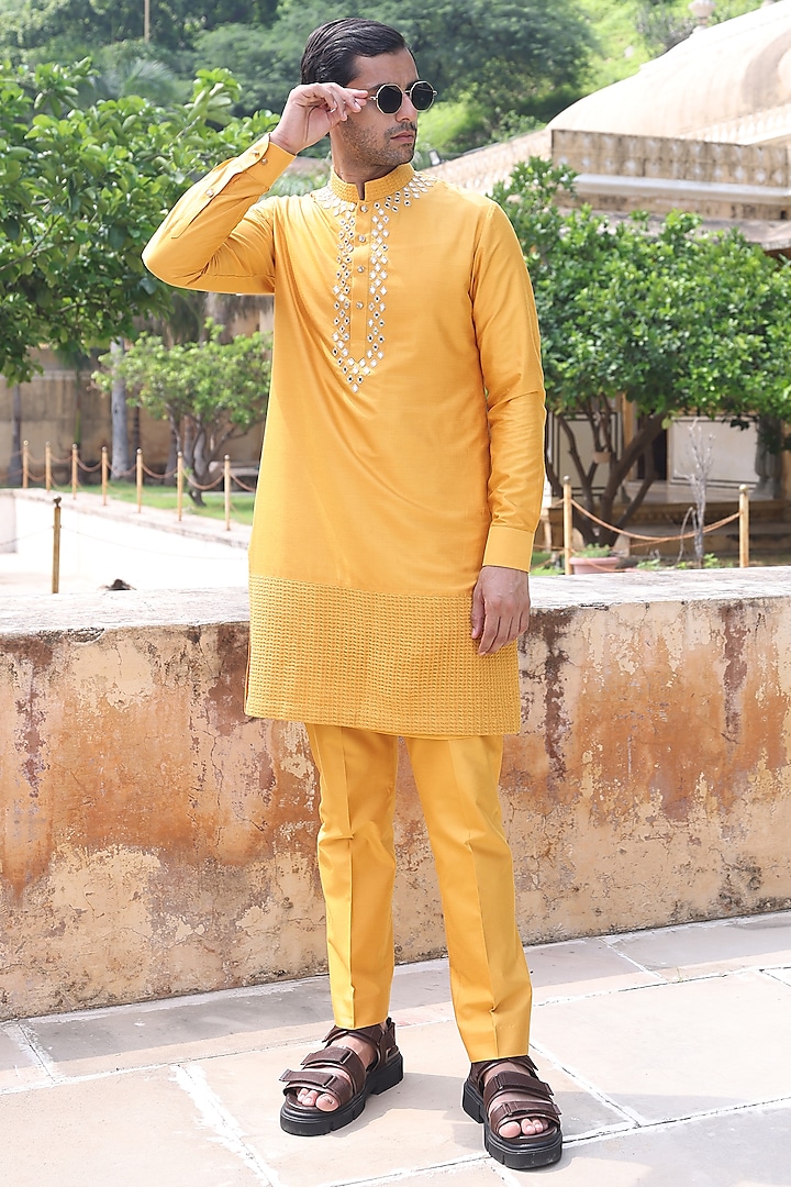 Yellow Katan Silk Kurta Set by Abkasa at Pernia's Pop Up Shop