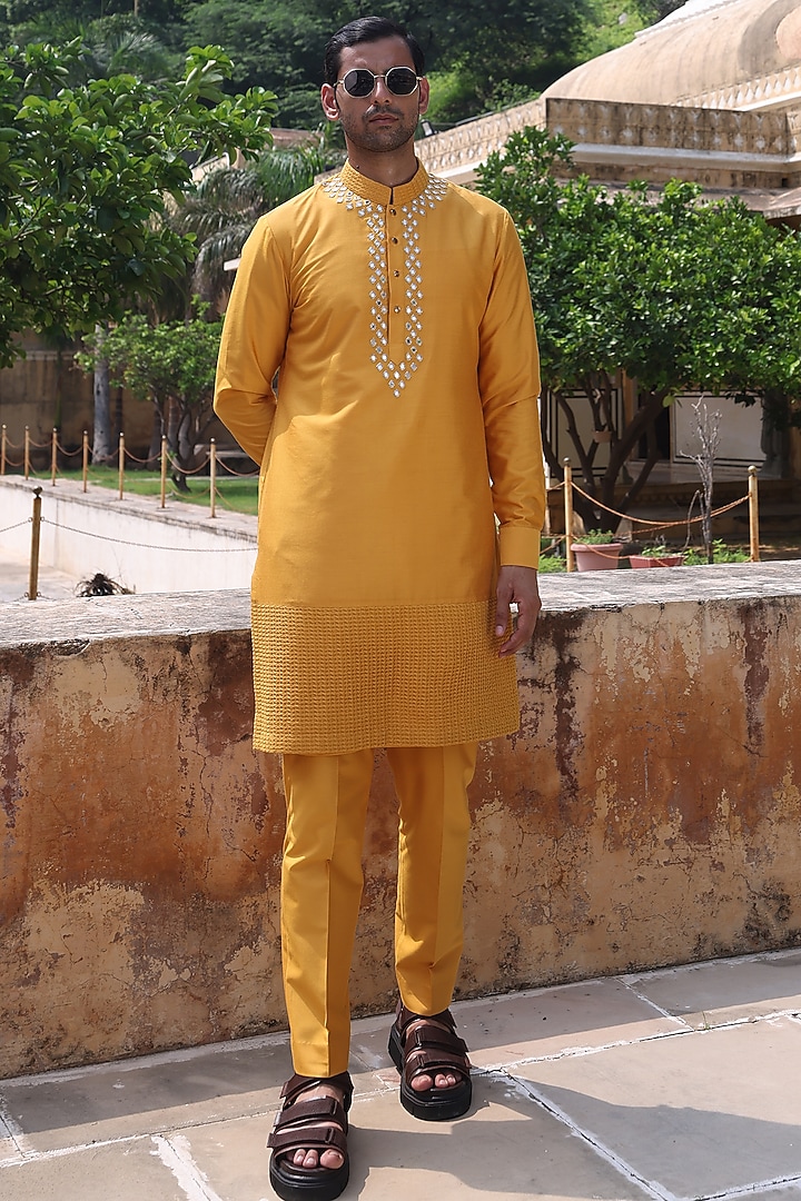 Yellow Katan Silk Kurta Set by Abkasa at Pernia's Pop Up Shop