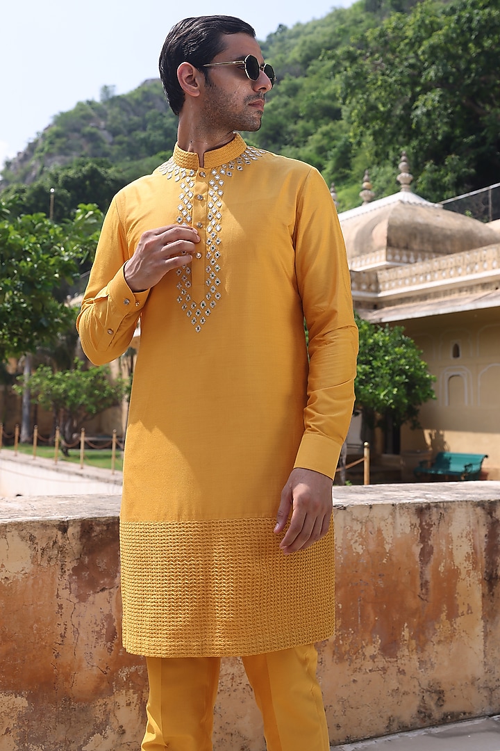 Yellow Katan Silk Kurta Set by Abkasa at Pernia's Pop Up Shop