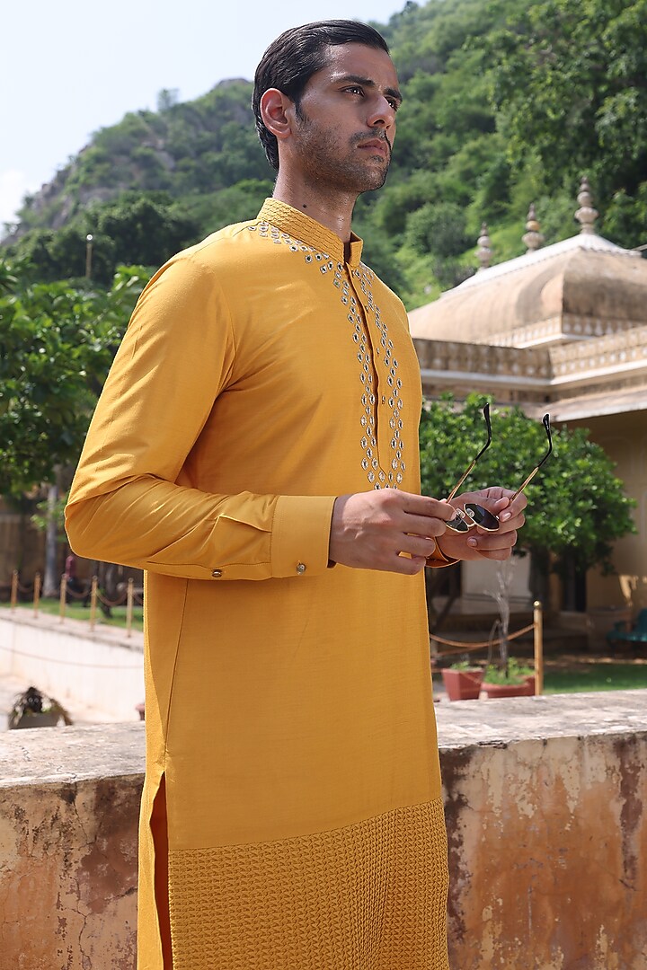 Yellow Katan Silk Kurta Set by Abkasa at Pernia's Pop Up Shop