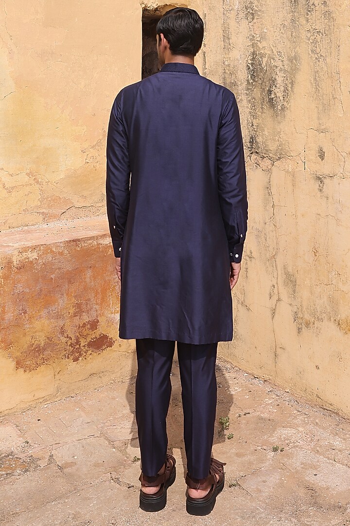 Navy Blue Katan Silk Kurta Set by Abkasa at Pernia's Pop Up Shop