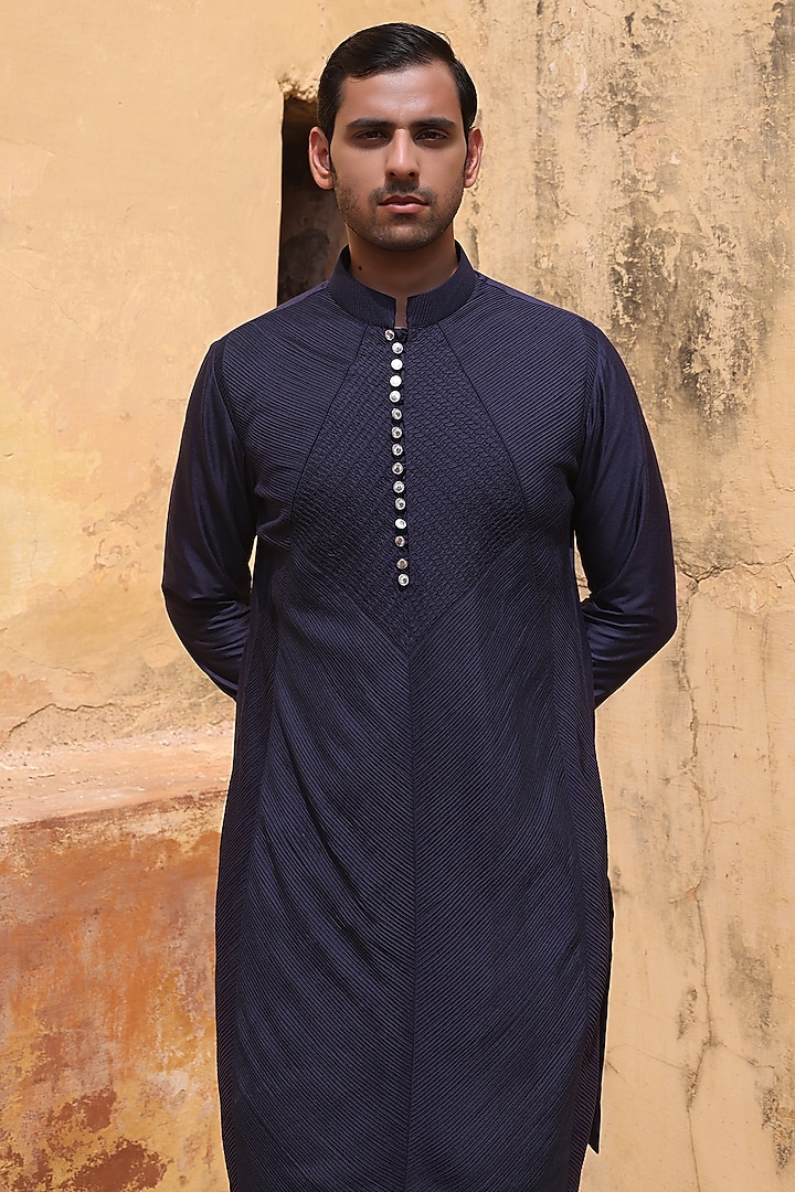 Navy Blue Katan Silk Kurta Set by Abkasa at Pernia's Pop Up Shop