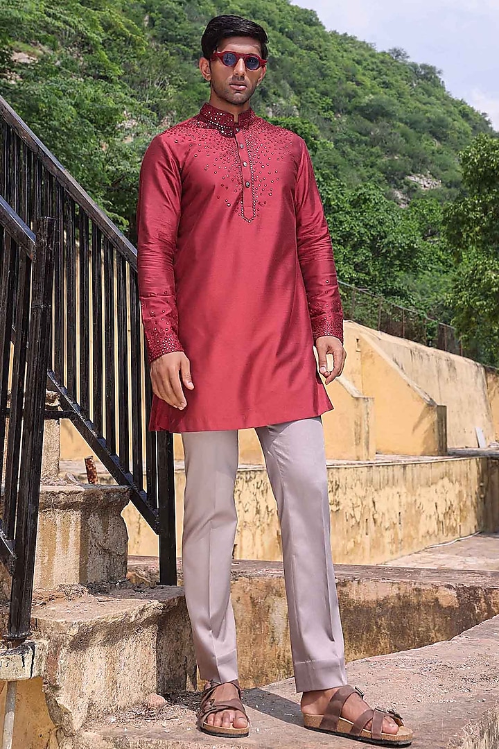 Maroon Silk Woven Kurta Set by Abkasa