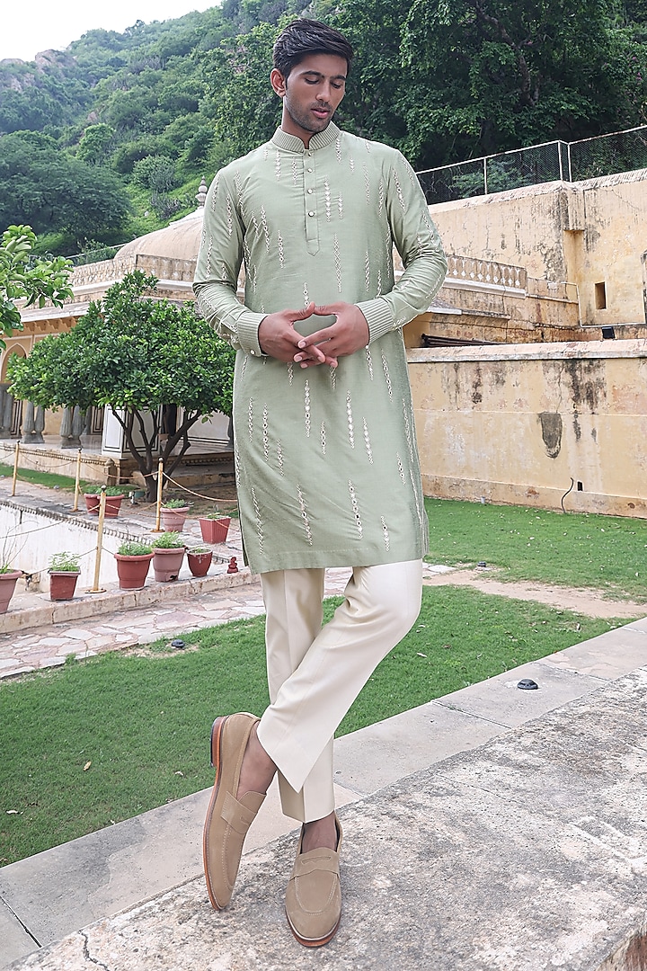 Green Katan Silk Kurta Set by Abkasa