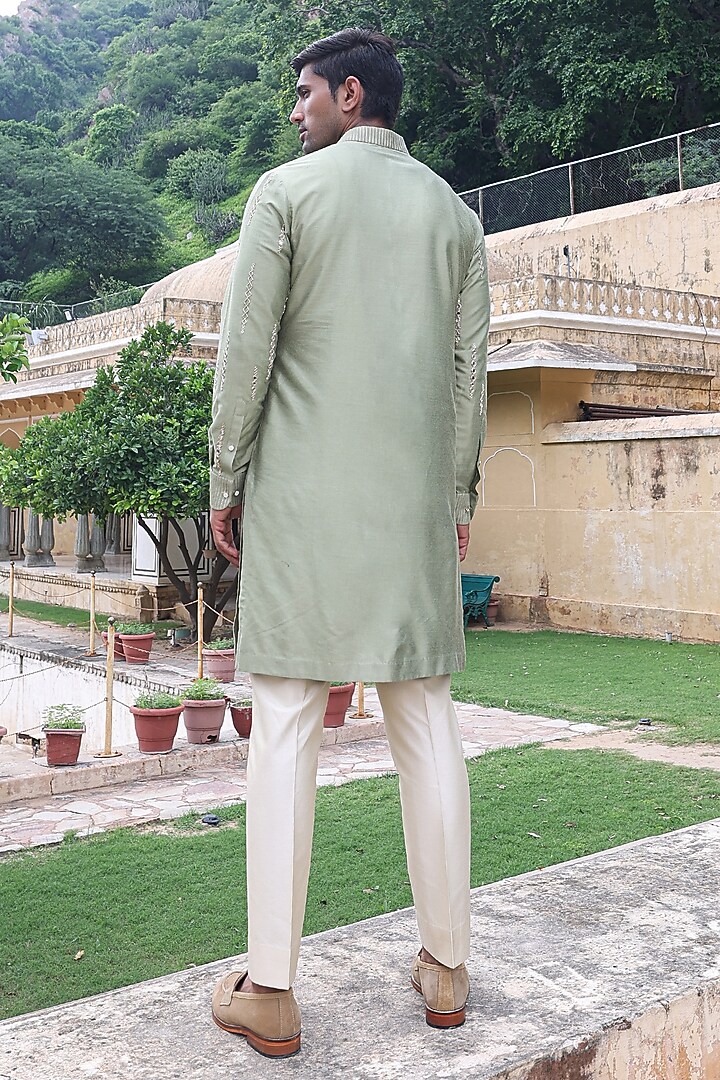 Green Katan Silk Kurta Set by Abkasa at Pernia's Pop Up Shop