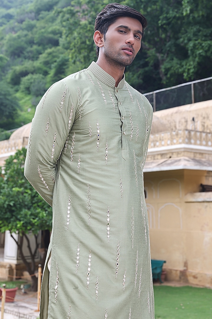 Green Katan Silk Kurta Set by Abkasa at Pernia's Pop Up Shop