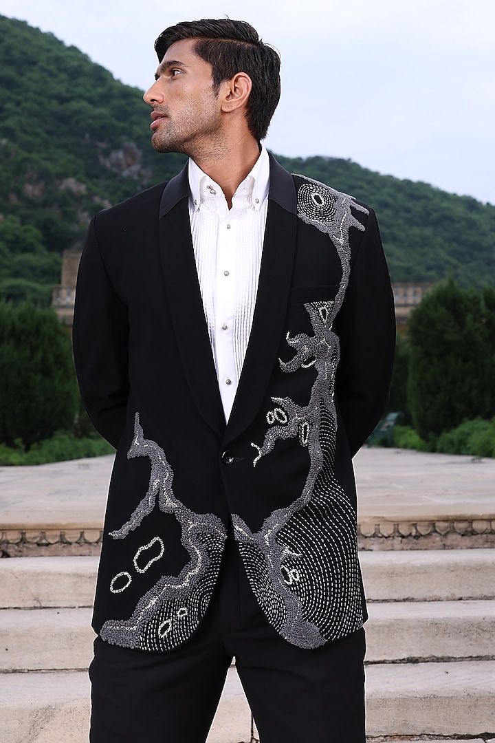 Black Japanese Fabric Blazer Set by Abkasa at Pernia's Pop Up Shop