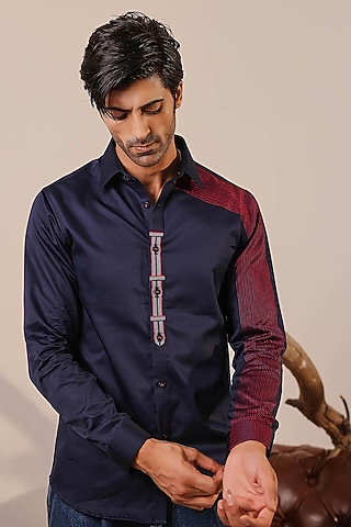 Navy Blue Cotton Satin Shirt by Abkasa