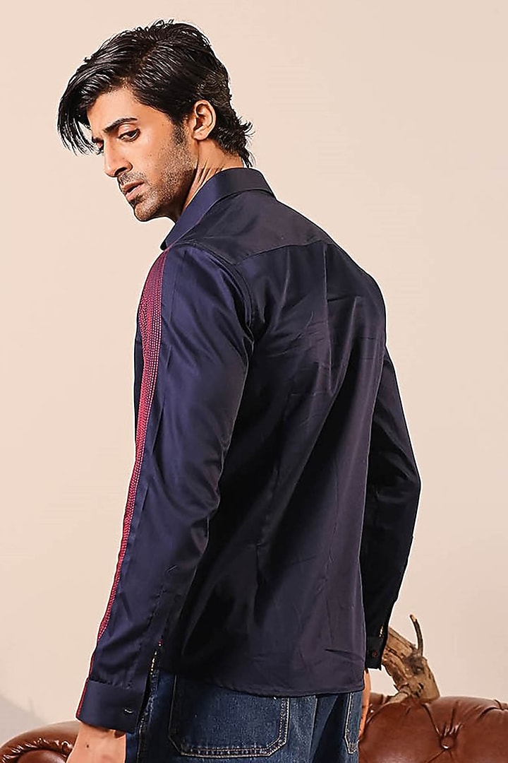 Navy Blue Cotton Satin Party Wear Shirt by Abkasa at Pernia's Pop Up Shop