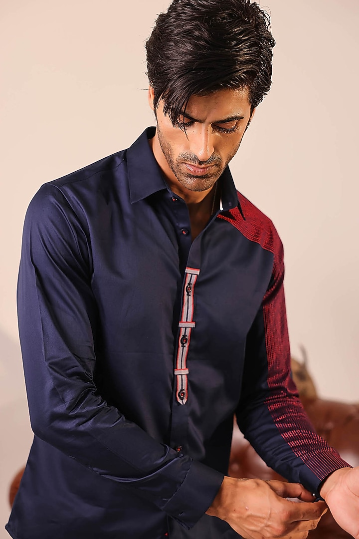 Navy Blue Cotton Satin Party Wear Shirt by Abkasa at Pernia's Pop Up Shop