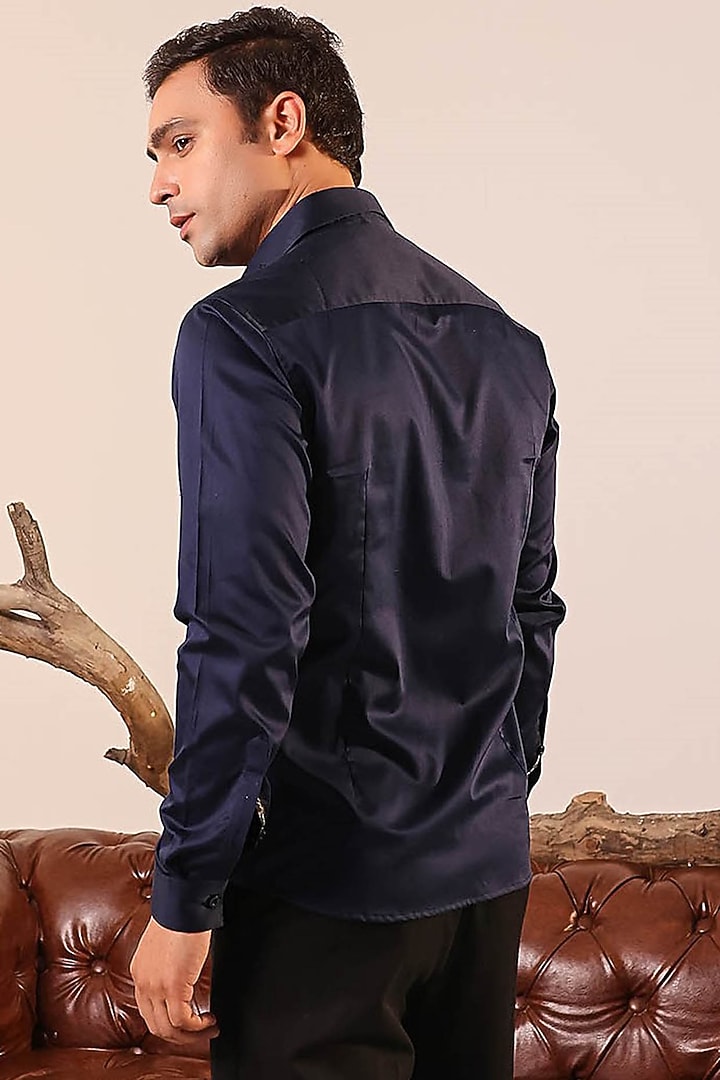 Navy Blue Cotton Satin Party Wear Shirt by Abkasa at Pernia's Pop Up Shop