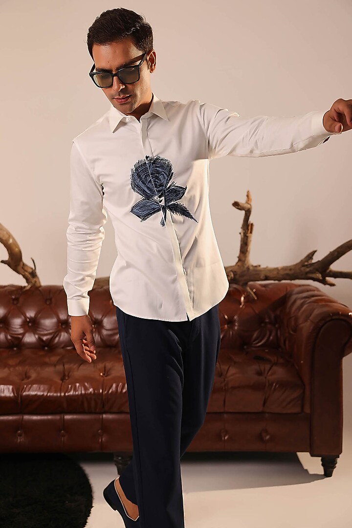 White Cotton Satin Party Wear Shirt by Abkasa at Pernia's Pop Up Shop