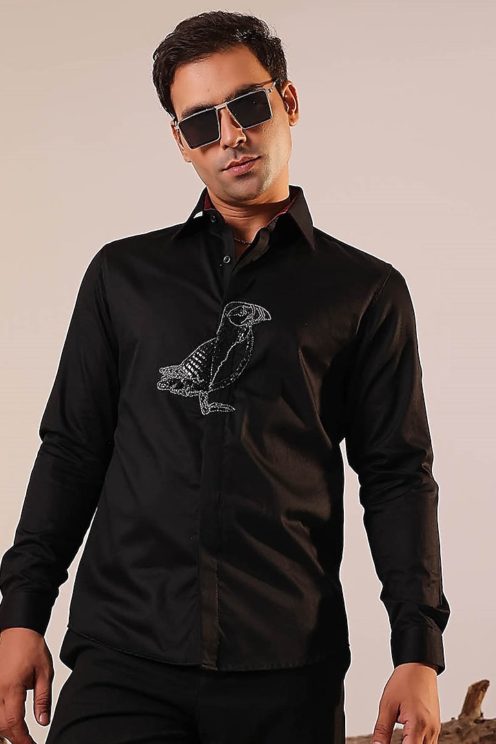 Black Cotton Satin Shirt by Abkasa at Pernia's Pop Up Shop