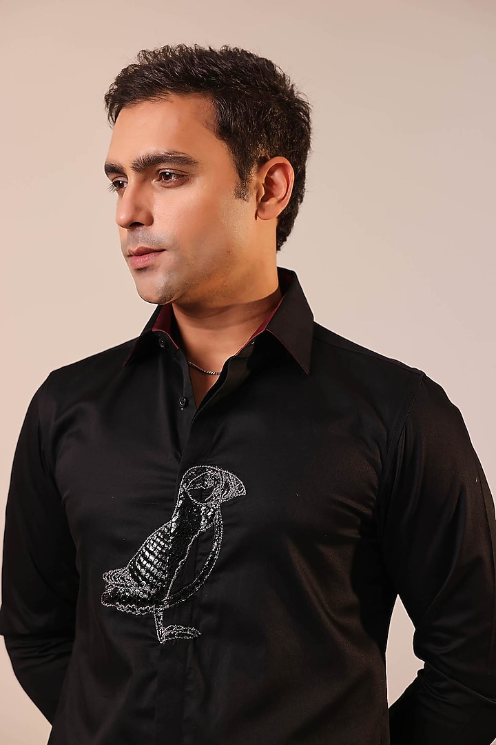 Black Cotton Satin Party Wear Shirt by Abkasa at Pernia's Pop Up Shop