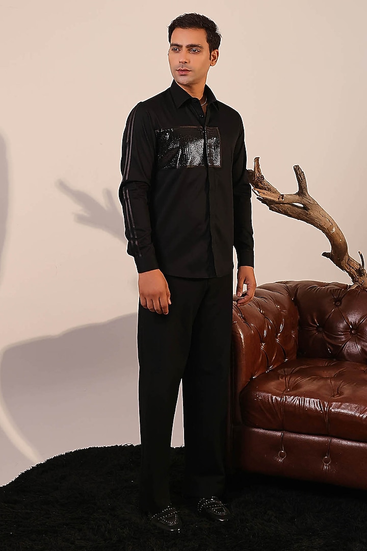 Black Cotton Satin Party Wear Shirt by Abkasa at Pernia's Pop Up Shop