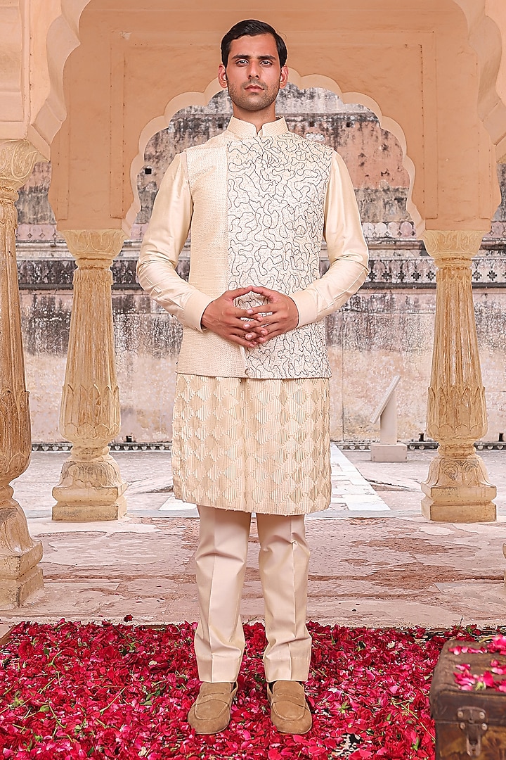 Beige Silk & Katan Silk Nehru Jacket Set by Abkasa