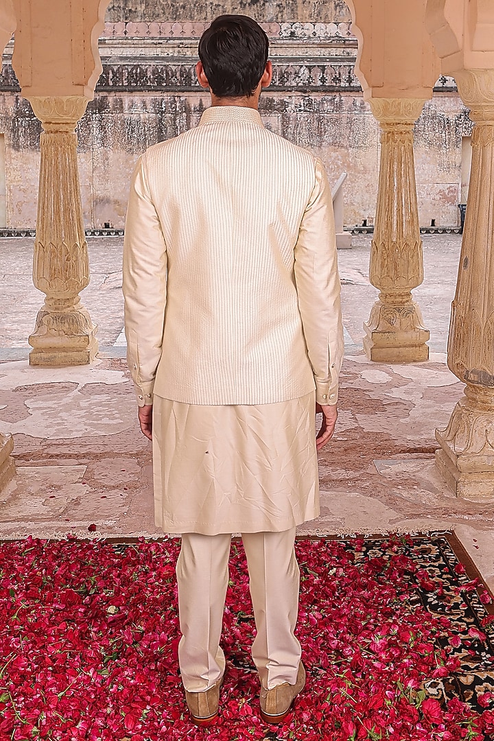 Beige Silk & Katan Silk Nehru Jacket Set by Abkasa at Pernia's Pop Up Shop