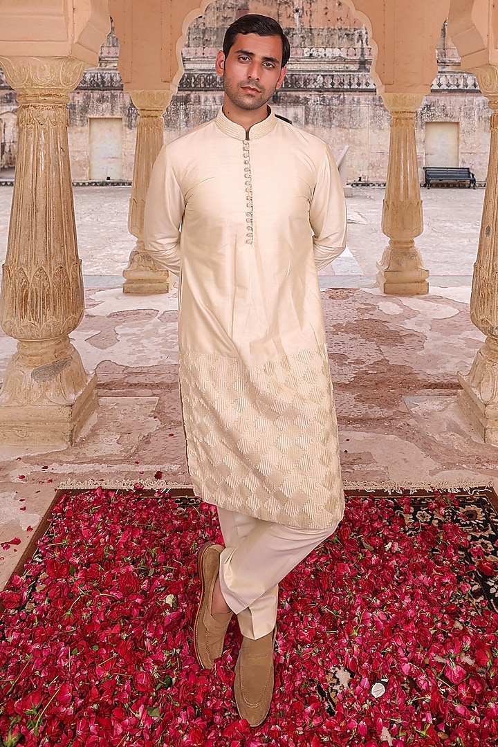 Beige Silk & Katan Silk Nehru Jacket Set by Abkasa at Pernia's Pop Up Shop