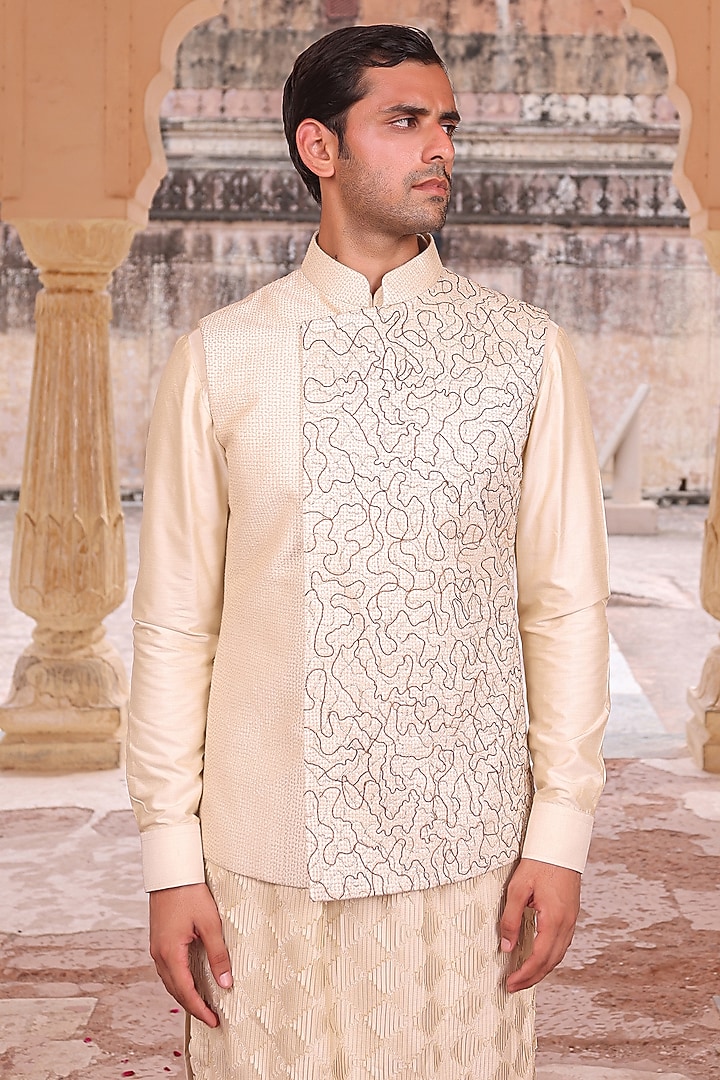 Beige Silk & Katan Silk Nehru Jacket Set by Abkasa at Pernia's Pop Up Shop