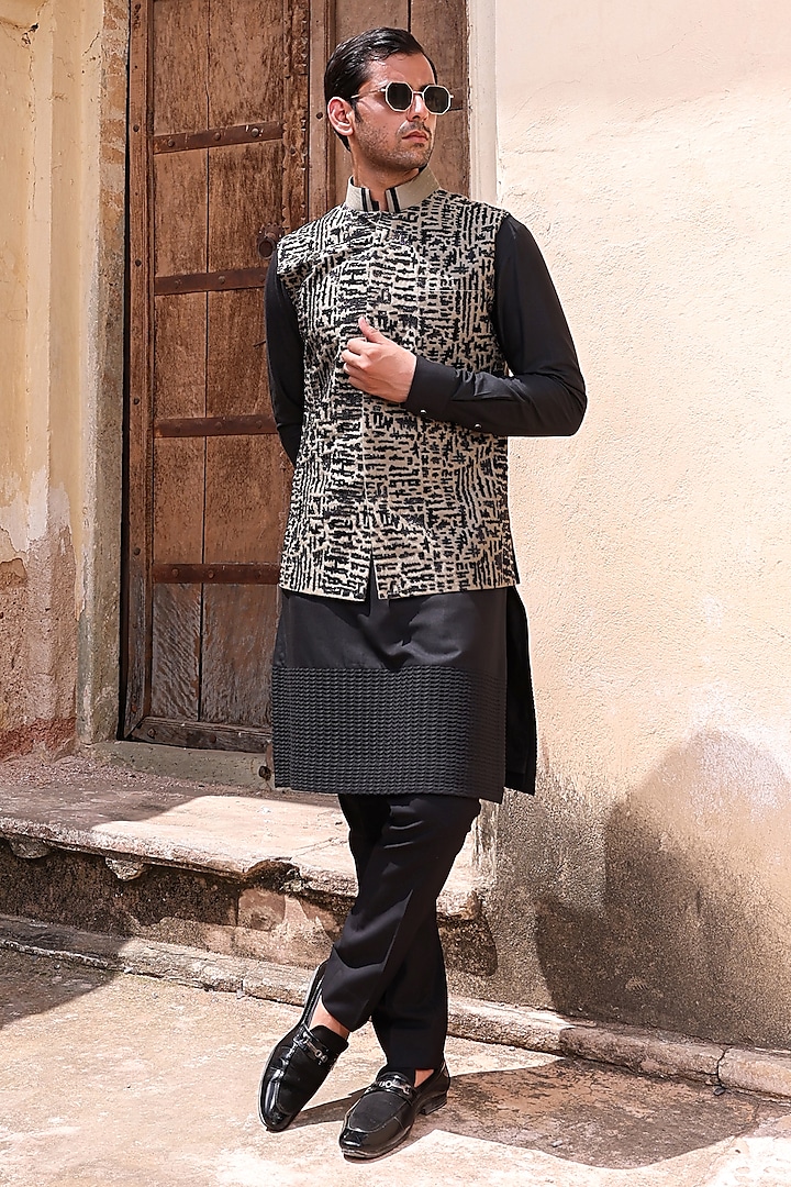 Black Dupion & Katan Silk Nehru Jacket Set by Abkasa at Pernia's Pop Up Shop