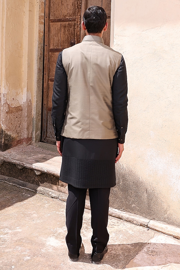 Black Dupion & Katan Silk Nehru Jacket Set by Abkasa at Pernia's Pop Up Shop