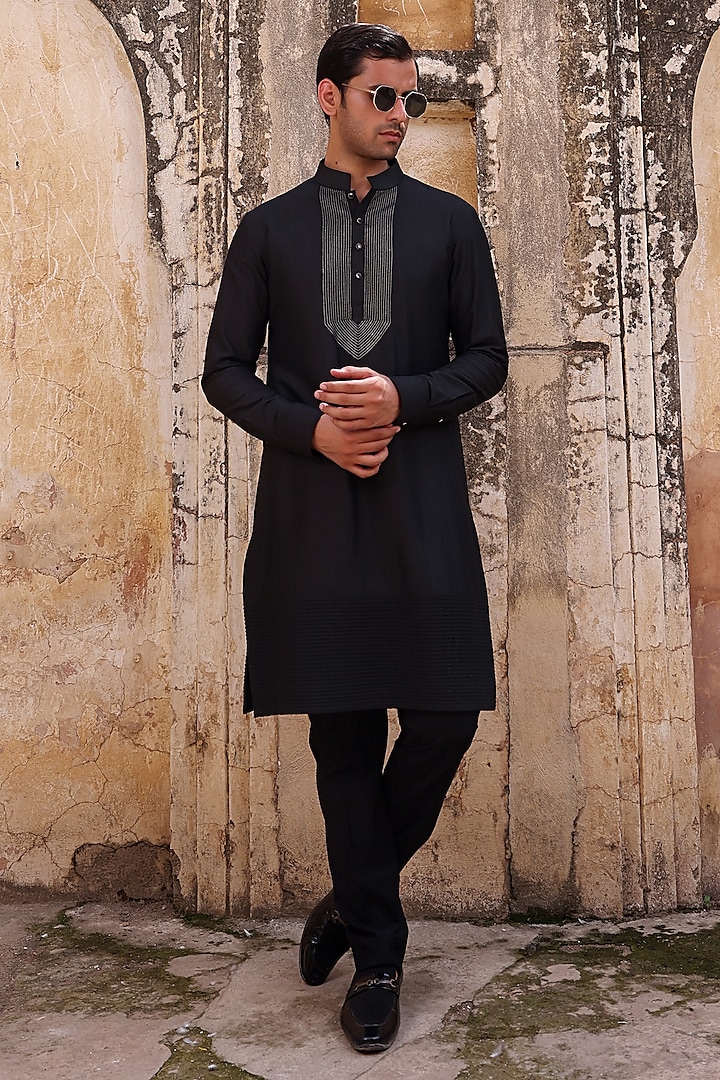 Black Dupion & Katan Silk Nehru Jacket Set by Abkasa at Pernia's Pop Up Shop
