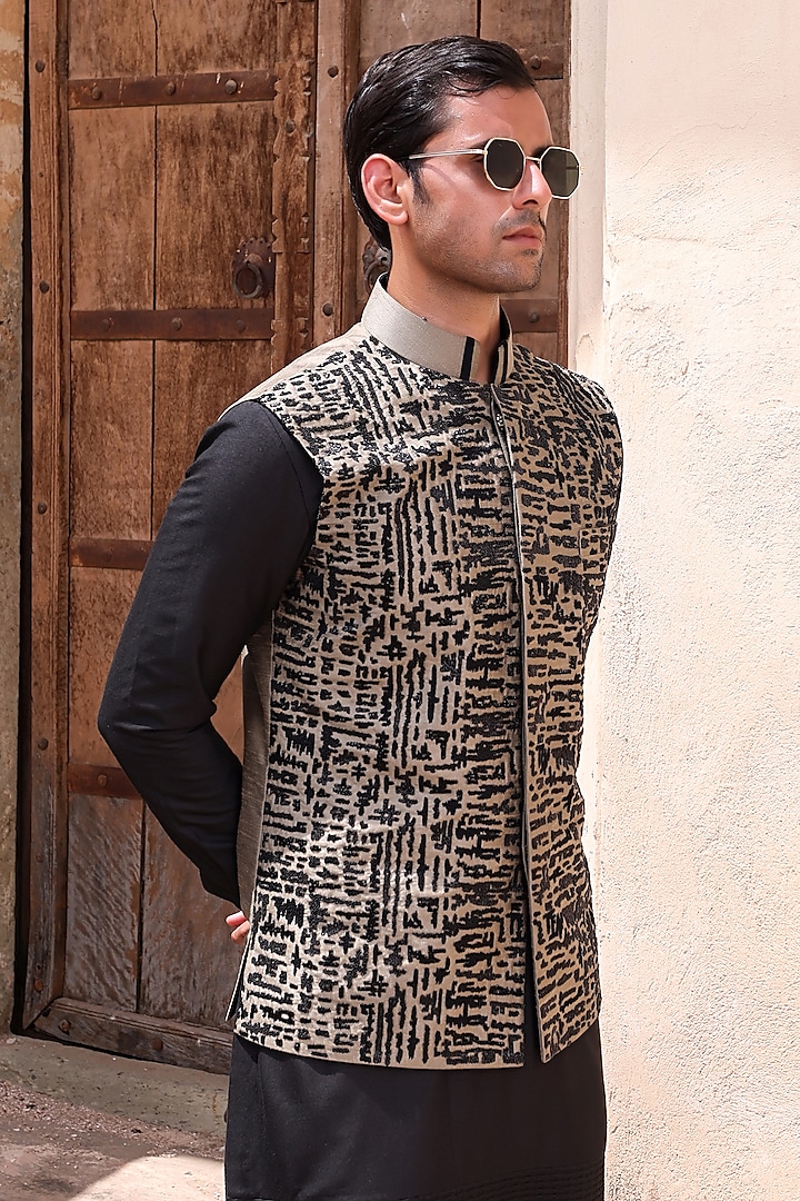Black Dupion & Katan Silk Nehru Jacket Set by Abkasa at Pernia's Pop Up Shop