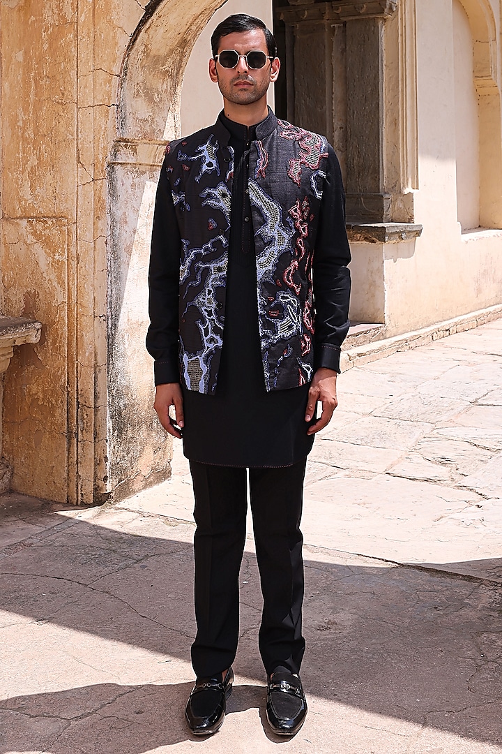 Black Dupion & Modal Satin Nehru Jacket Set by Abkasa at Pernia's Pop Up Shop