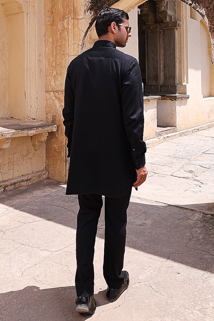 Black Dupion & Modal Satin Nehru Jacket Set by Abkasa at Pernia's Pop Up Shop